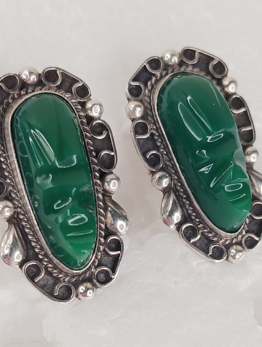 Earrings Mexico Sterling Carved Green Onyx Traditional Mask Screw Back Vintage
